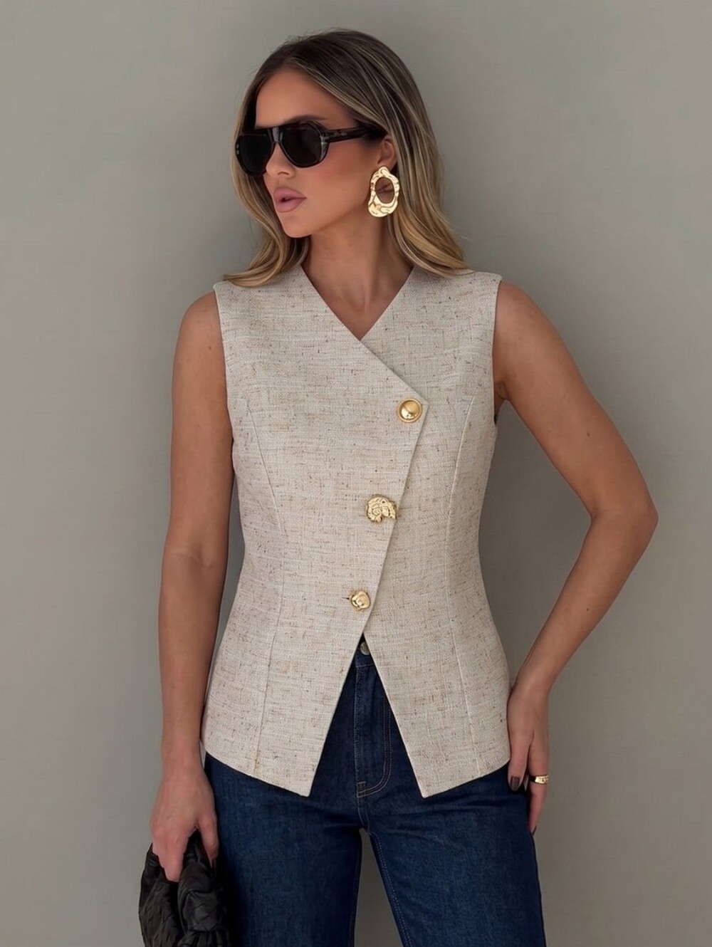 NWT Commense Textured Asymmetric Buttoned Vest, Khaki, Size Small